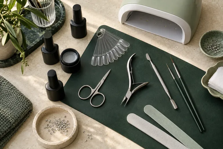 Profesyonel nail art çalışma masasında oje, manikür aletleri, tips ve salon malzemeleri